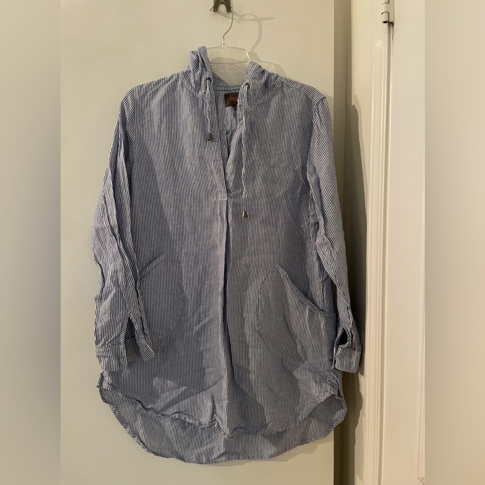 For Cynthia-Linen/Cotton Cover up Top Pool Beach Long Sleeve Blue White NWOT